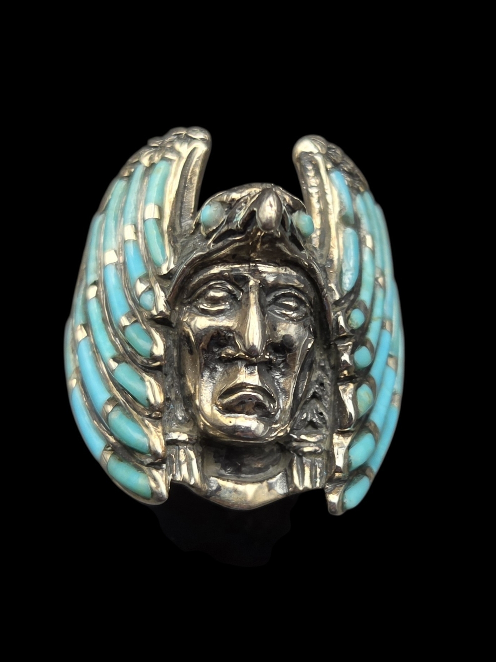 Sterling Silver Native Headdress Ring with Turquoise Inlay 11